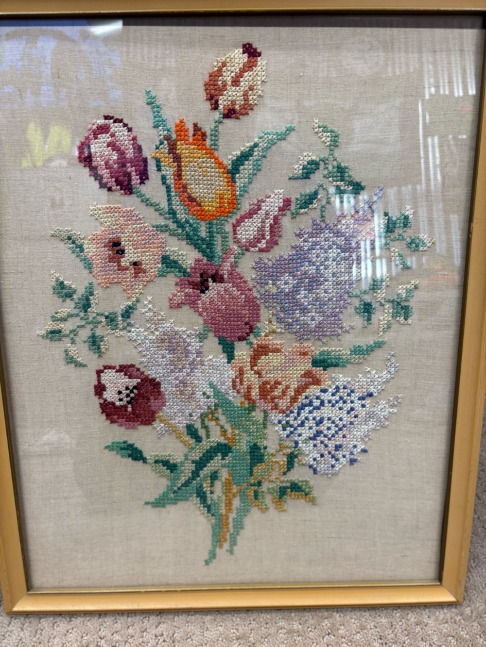 Vintage Hand Crafted Gold Frame Floral Needlepoint Tulips and Lilac - Picture 7 of 11